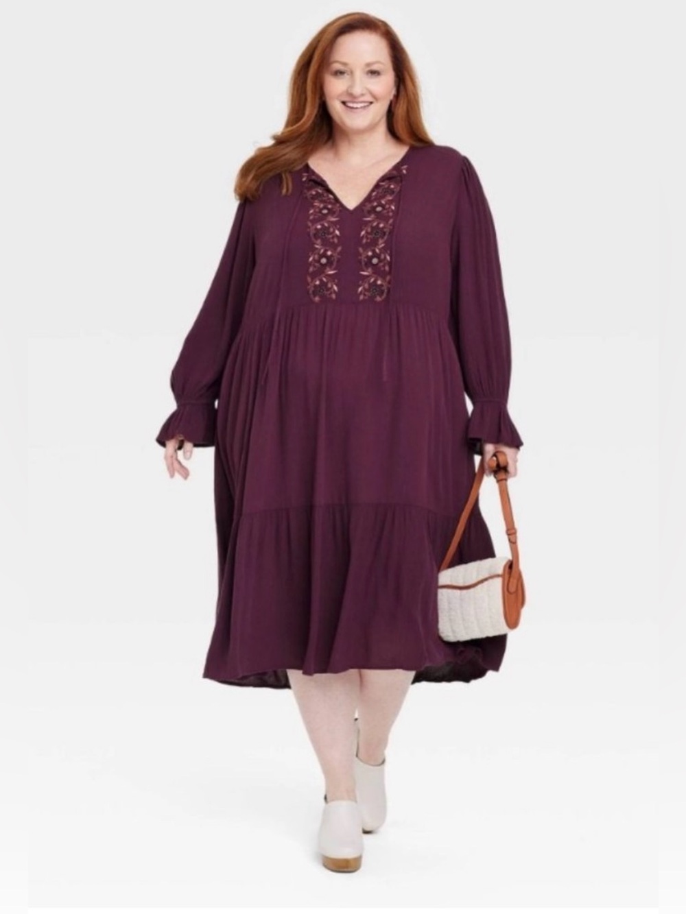 Knox Rose Plum Long-Sleeve Embroidered Midi Dress with pockets